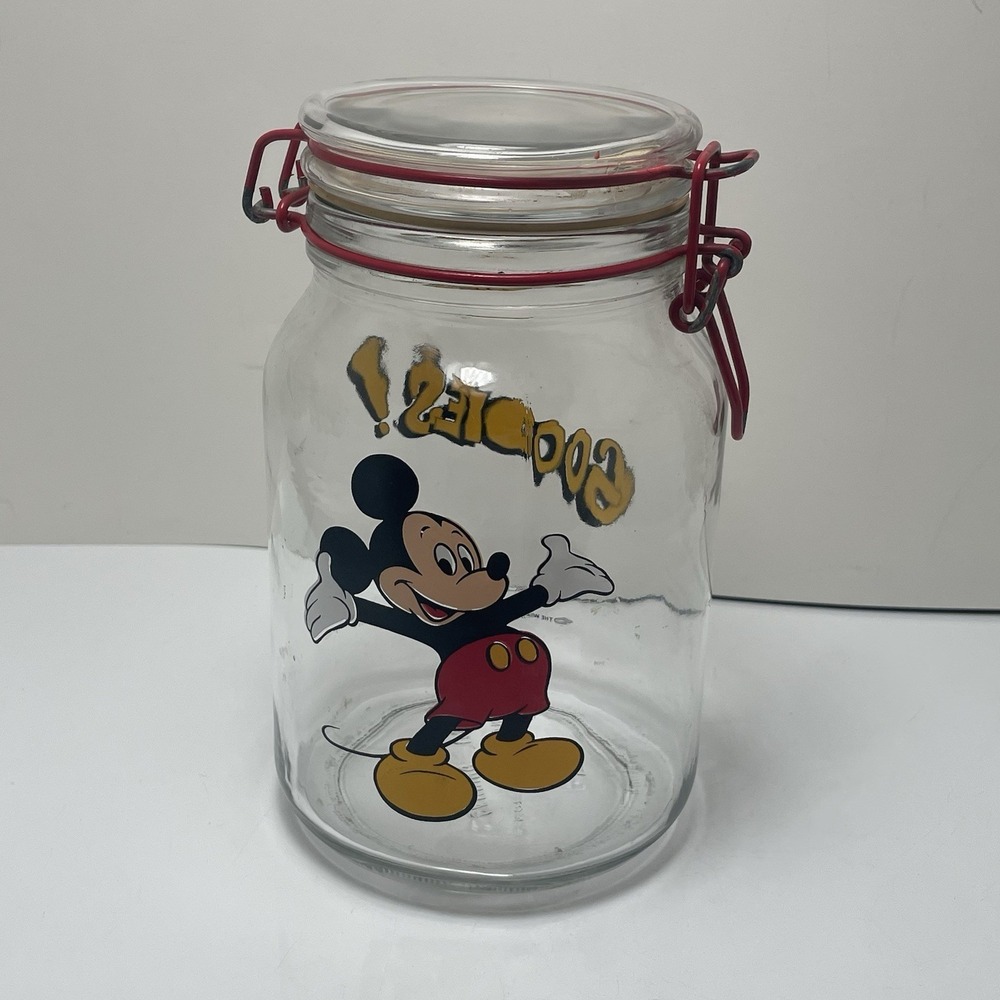 VTG Anchor Hocking Walt Disney Mickey Mouse Goodies Glass Locking‎ Canister Jar